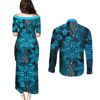 Vintage Tonga Tribal Ngatu Pattern Couples Matching Puletasi and Long Sleeve Button Shirt With Pacific Floral Aqua Art LT9 - Polynesian Pride