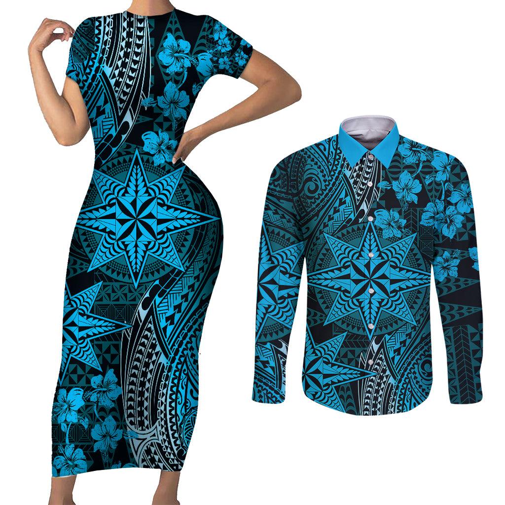 Vintage Tonga Tribal Ngatu Pattern Couples Matching Short Sleeve Bodycon Dress and Long Sleeve Button Shirt With Pacific Floral Aqua Art