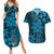 Vintage Tonga Tribal Ngatu Pattern Couples Matching Summer Maxi Dress and Hawaiian Shirt With Pacific Floral Aqua Art