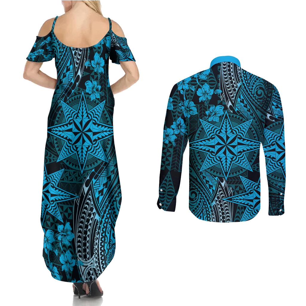 Vintage Tonga Tribal Ngatu Pattern Couples Matching Summer Maxi Dress and Long Sleeve Button Shirt With Pacific Floral Aqua Art LT9 - Polynesian Pride
