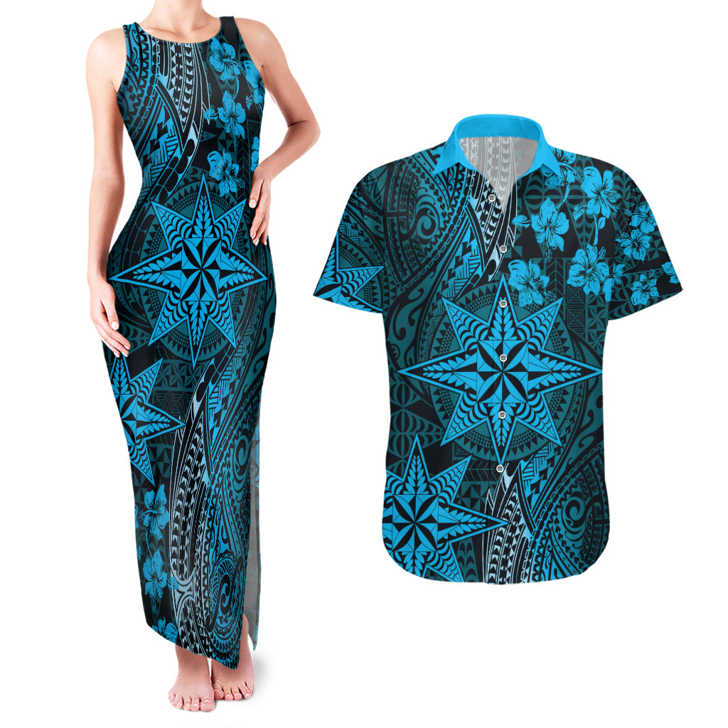 Vintage Tonga Tribal Ngatu Pattern Couples Matching Tank Maxi Dress and Hawaiian Shirt With Pacific Floral Aqua Art