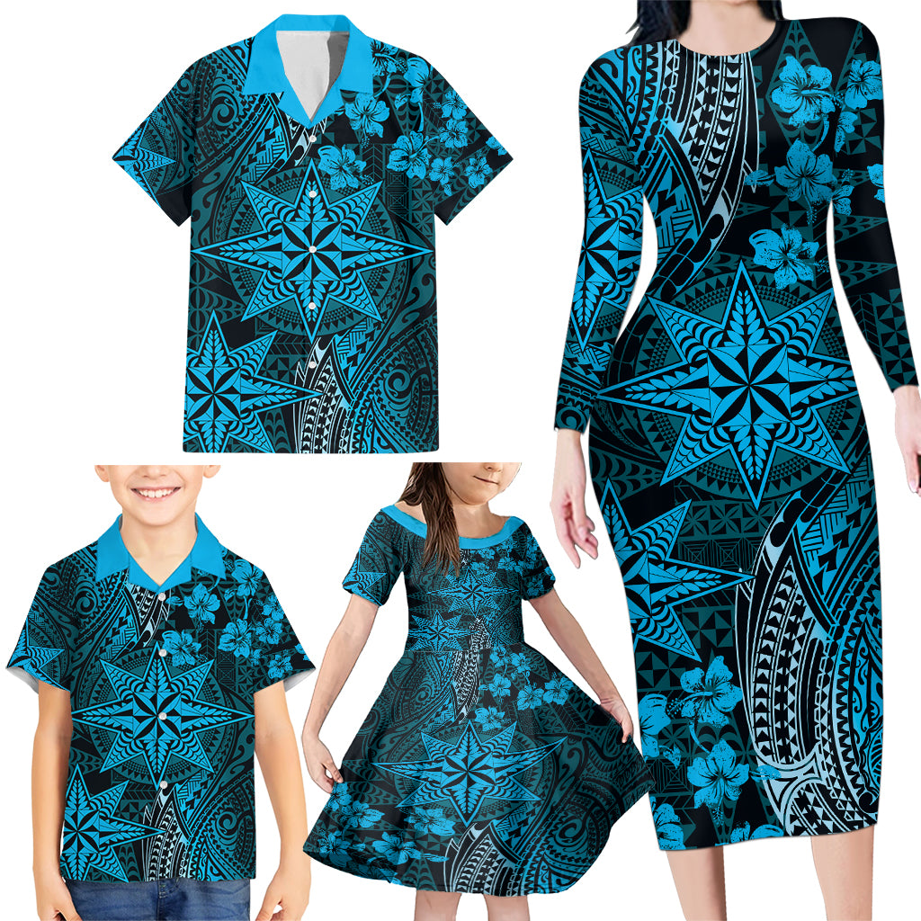 Vintage Tonga Tribal Ngatu Pattern Family Matching Long Sleeve Bodycon Dress and Hawaiian Shirt With Pacific Floral Aqua Art