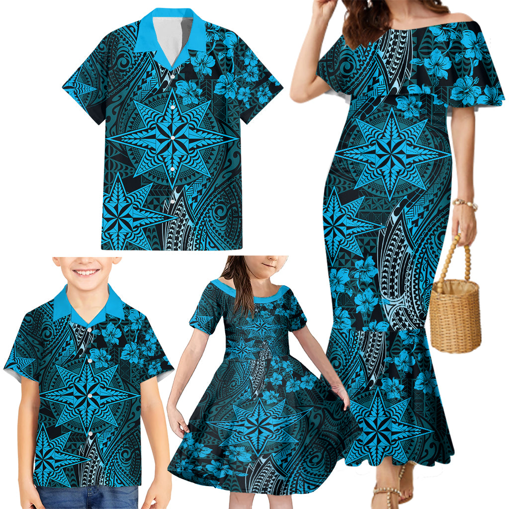 Vintage Tonga Tribal Ngatu Pattern Family Matching Mermaid Dress and Hawaiian Shirt With Pacific Floral Aqua Art