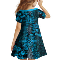 Vintage Tonga Tribal Ngatu Pattern Family Matching Off The Shoulder Long Sleeve Dress and Hawaiian Shirt With Pacific Floral Aqua Art LT9 - Polynesian Pride