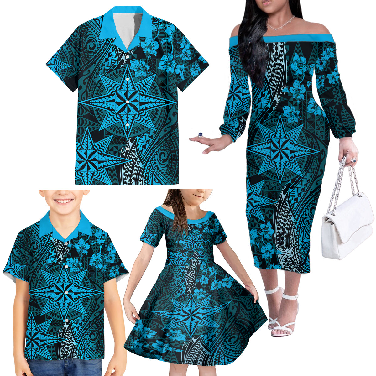 Vintage Tonga Tribal Ngatu Pattern Family Matching Off The Shoulder Long Sleeve Dress and Hawaiian Shirt With Pacific Floral Aqua Art