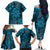 Vintage Tonga Tribal Ngatu Pattern Family Matching Off The Shoulder Long Sleeve Dress and Hawaiian Shirt With Pacific Floral Aqua Art