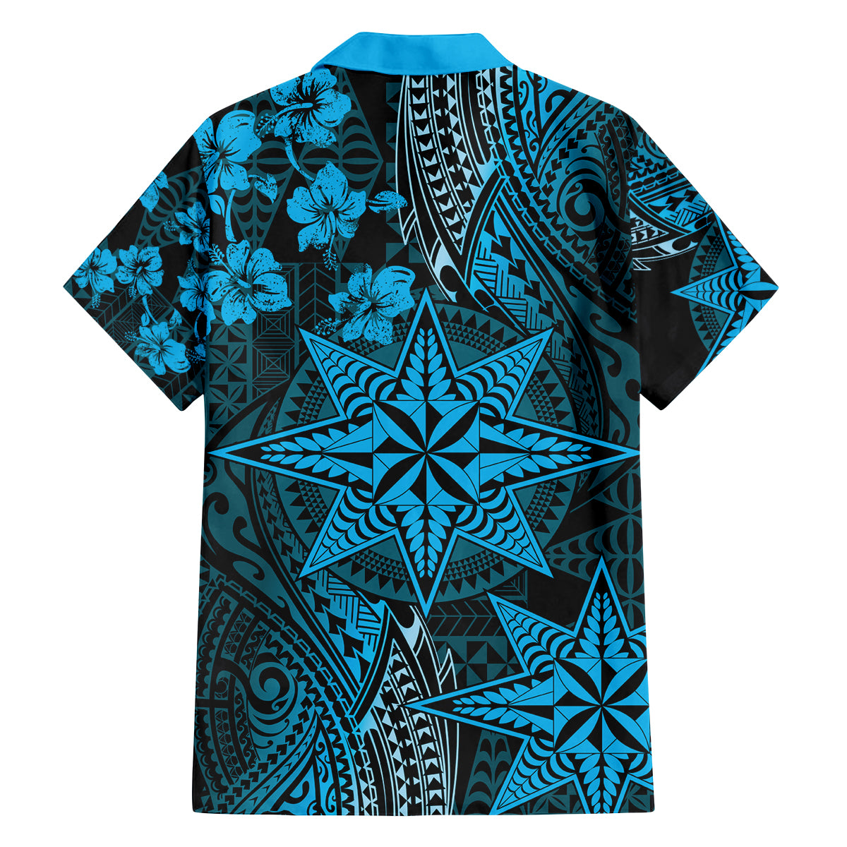 Vintage Tonga Tribal Ngatu Pattern Family Matching Off The Shoulder Long Sleeve Dress and Hawaiian Shirt With Pacific Floral Aqua Art LT9 - Polynesian Pride