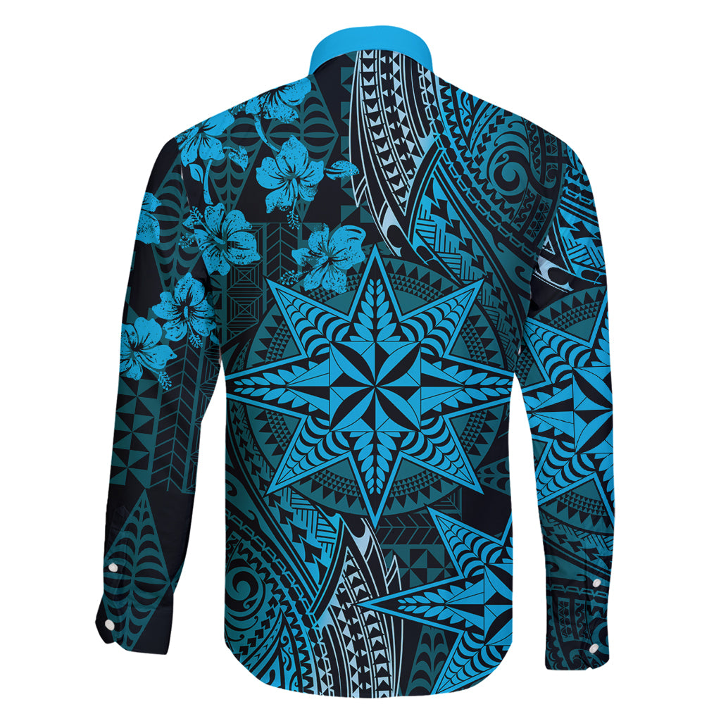 Vintage Tonga Tribal Ngatu Pattern Family Matching Off Shoulder Maxi Dress and Hawaiian Shirt With Pacific Floral Aqua Art