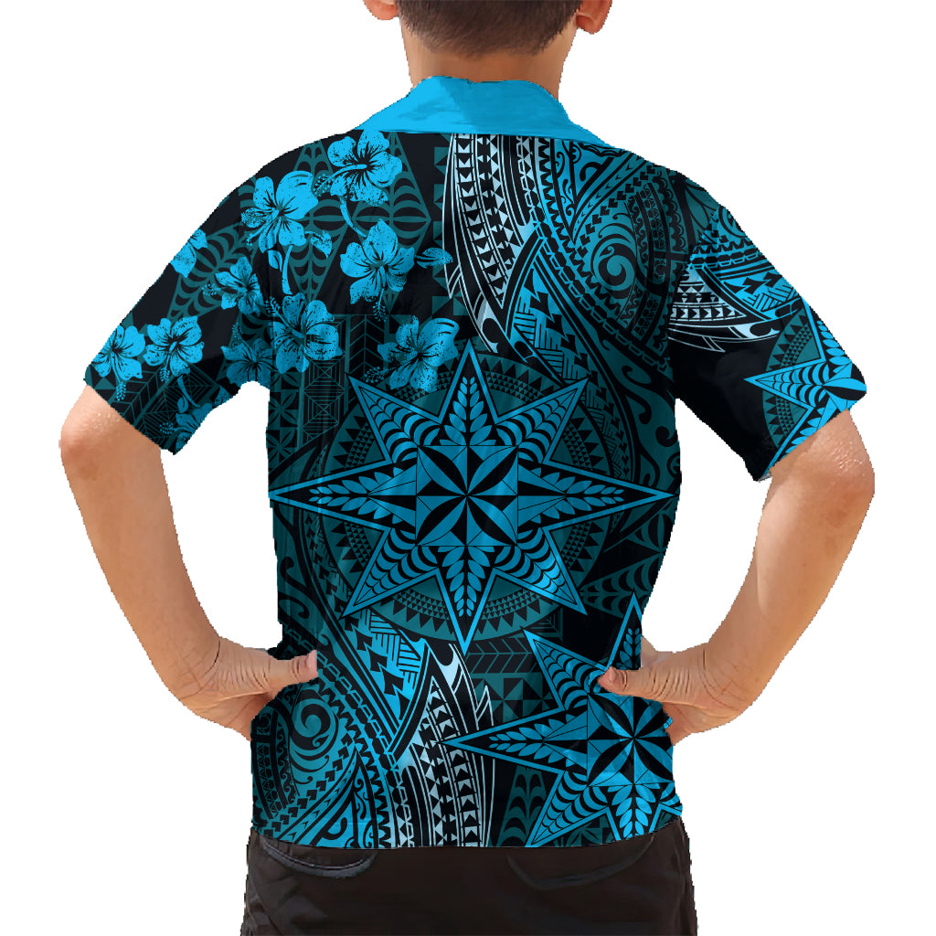 Vintage Tonga Tribal Ngatu Pattern Family Matching Off Shoulder Short Dress and Hawaiian Shirt With Pacific Floral Aqua Art