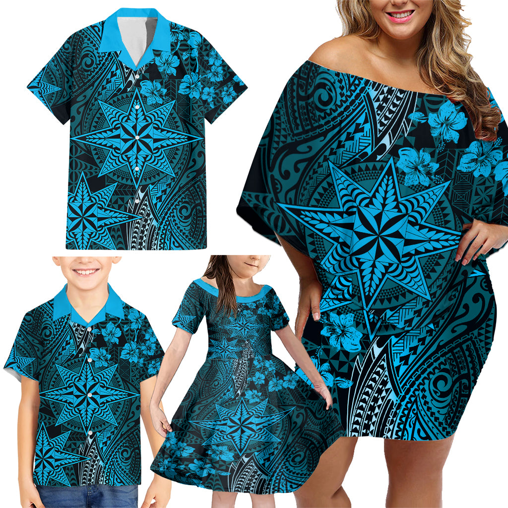 Vintage Tonga Tribal Ngatu Pattern Family Matching Off Shoulder Short Dress and Hawaiian Shirt With Pacific Floral Aqua Art