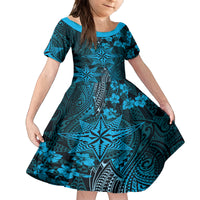 Vintage Tonga Tribal Ngatu Pattern Family Matching Puletasi and Hawaiian Shirt With Pacific Floral Aqua Art LT9 Daughter's Dress Aqua - Polynesian Pride