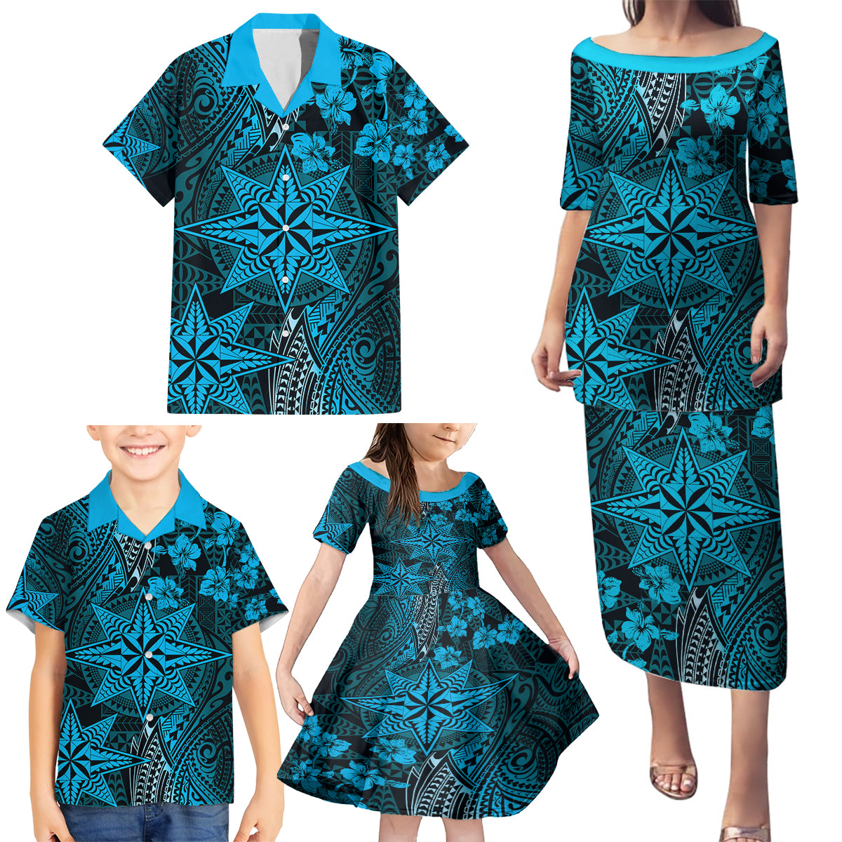 Vintage Tonga Tribal Ngatu Pattern Family Matching Puletasi and Hawaiian Shirt With Pacific Floral Aqua Art