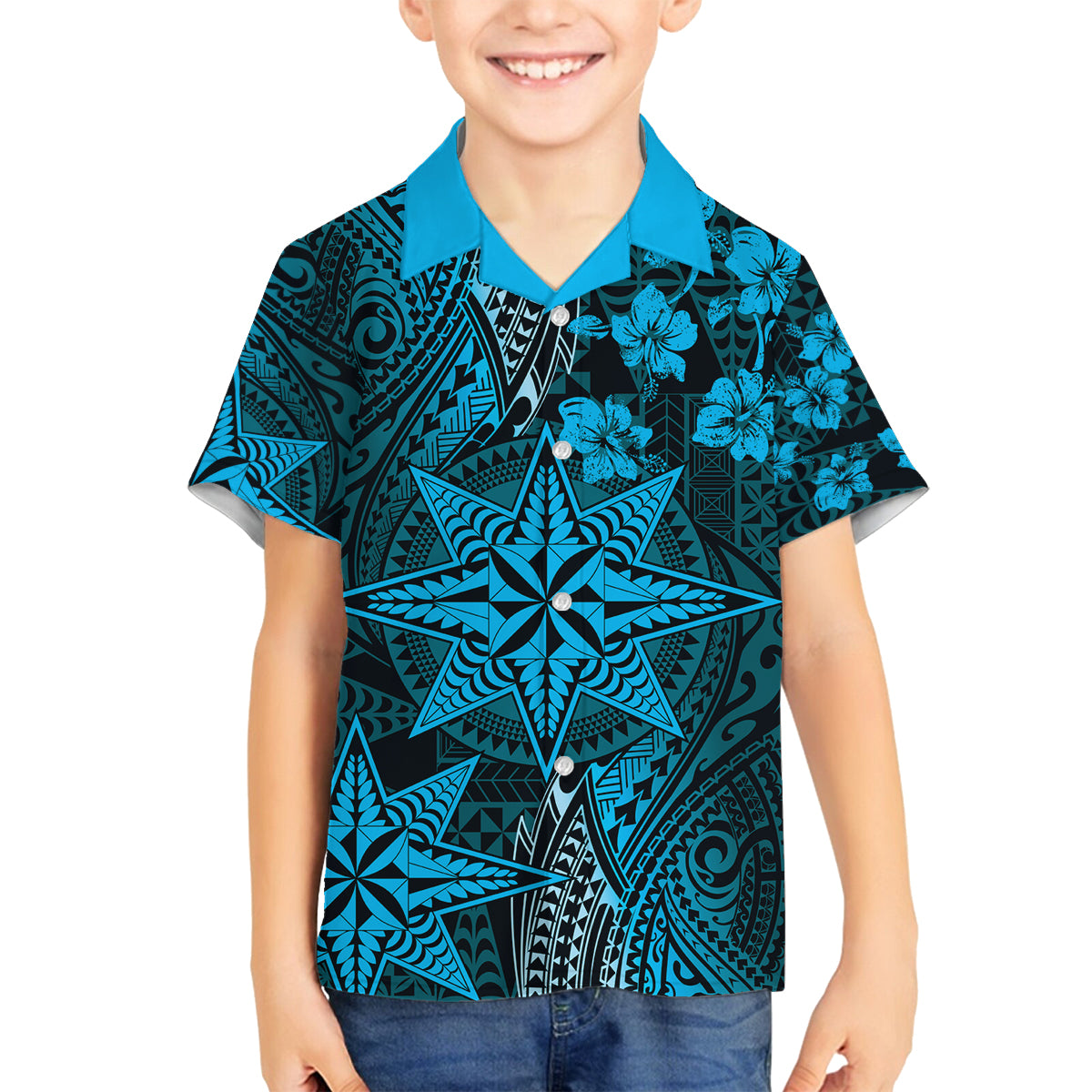 Vintage Tonga Tribal Ngatu Pattern Family Matching Puletasi and Hawaiian Shirt With Pacific Floral Aqua Art LT9 Son's Shirt Aqua - Polynesian Pride