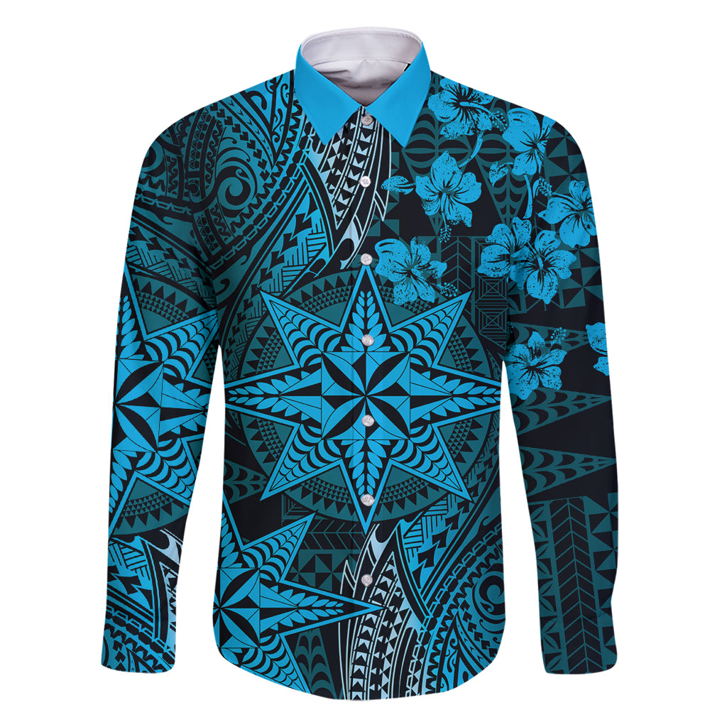 Vintage Tonga Tribal Ngatu Pattern Family Matching Summer Maxi Dress and Hawaiian Shirt With Pacific Floral Aqua Art