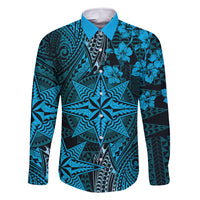 Vintage Tonga Tribal Ngatu Pattern Family Matching Summer Maxi Dress and Hawaiian Shirt With Pacific Floral Aqua Art