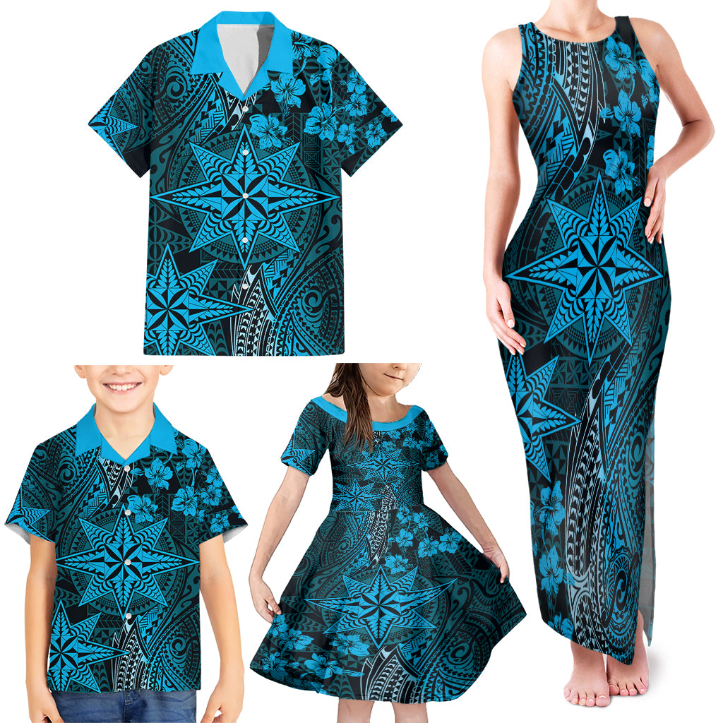 Vintage Tonga Tribal Ngatu Pattern Family Matching Tank Maxi Dress and Hawaiian Shirt With Pacific Floral Aqua Art