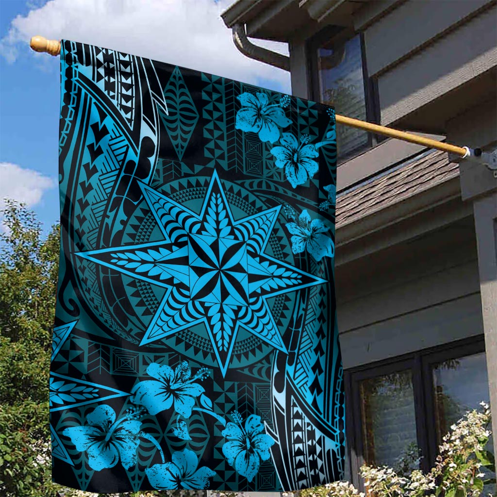 Vintage Tonga Tribal Ngatu Pattern Garden Flag With Pacific Floral Aqua Art LT9 - Polynesian Pride