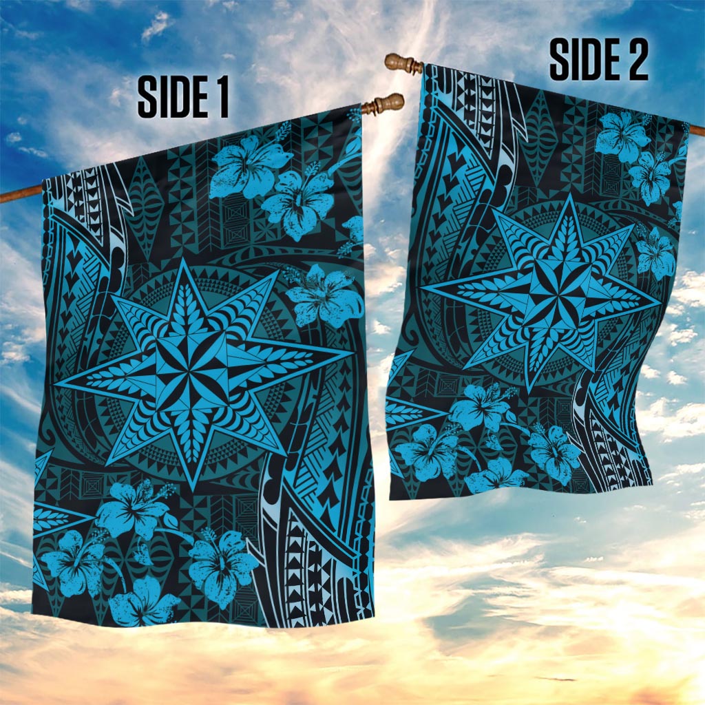 Vintage Tonga Tribal Ngatu Pattern Garden Flag With Pacific Floral Aqua Art LT9 - Polynesian Pride