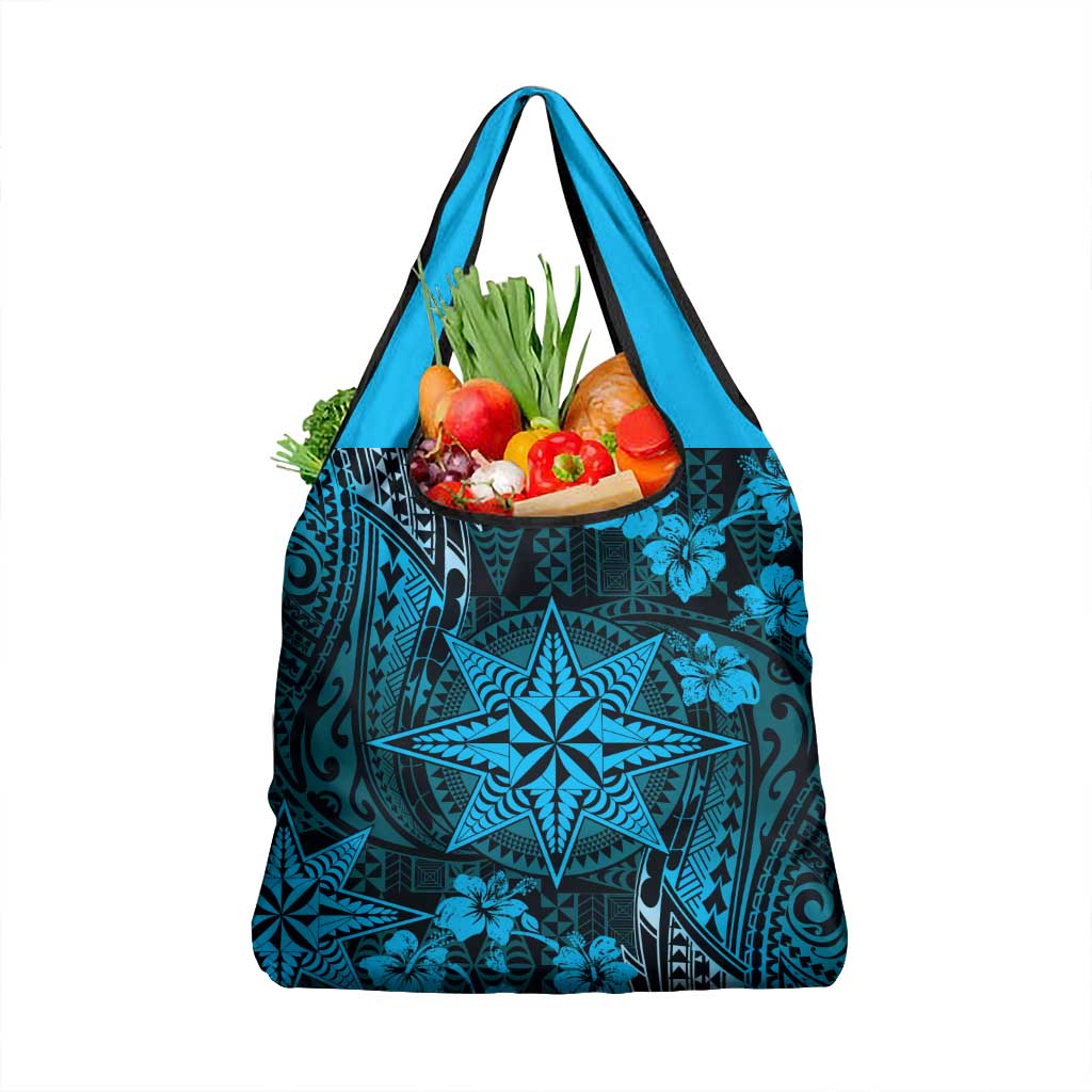 Vintage Tonga Tribal Ngatu Pattern Grocery Bag With Pacific Floral Aqua Art LT9 1-pack One Size Aqua - Polynesian Pride