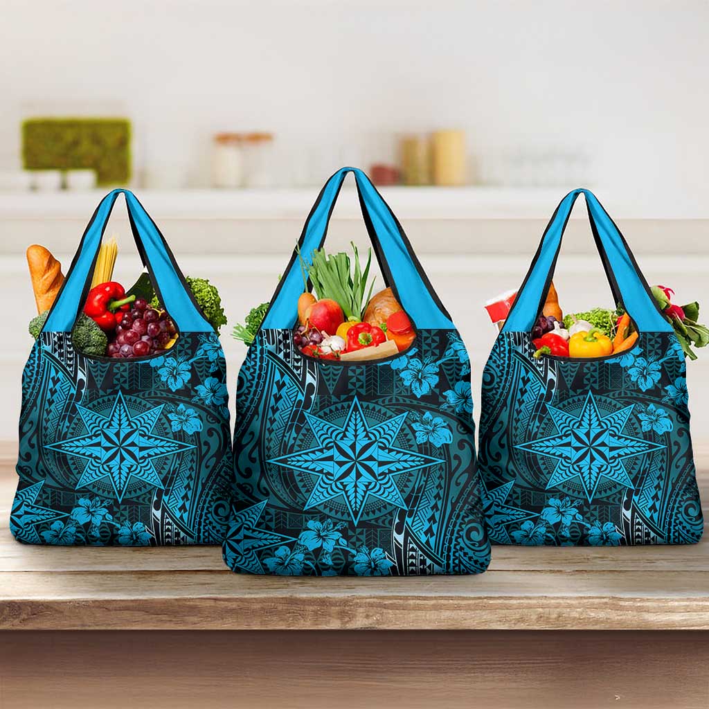 Vintage Tonga Tribal Ngatu Pattern Grocery Bag With Pacific Floral Aqua Art LT9 3-pack One Size Aqua - Polynesian Pride