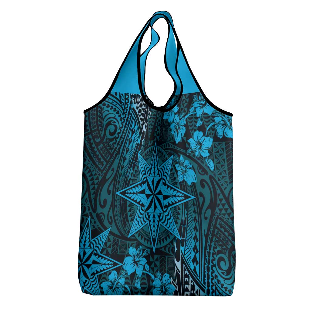 Vintage Tonga Tribal Ngatu Pattern Grocery Bag With Pacific Floral Aqua Art LT9 - Polynesian Pride