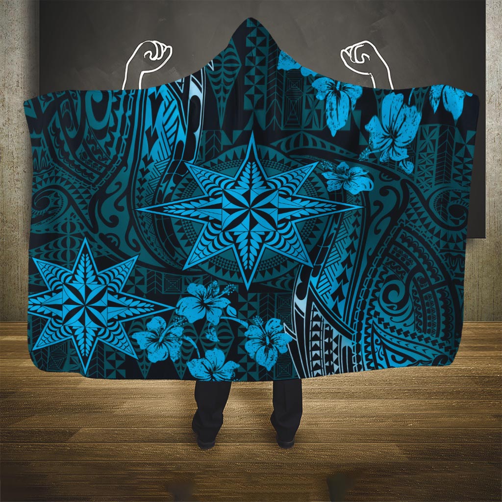 Vintage Tonga Tribal Ngatu Pattern Hooded Blanket With Pacific Floral Aqua Art LT9 One Size Aqua - Polynesian Pride