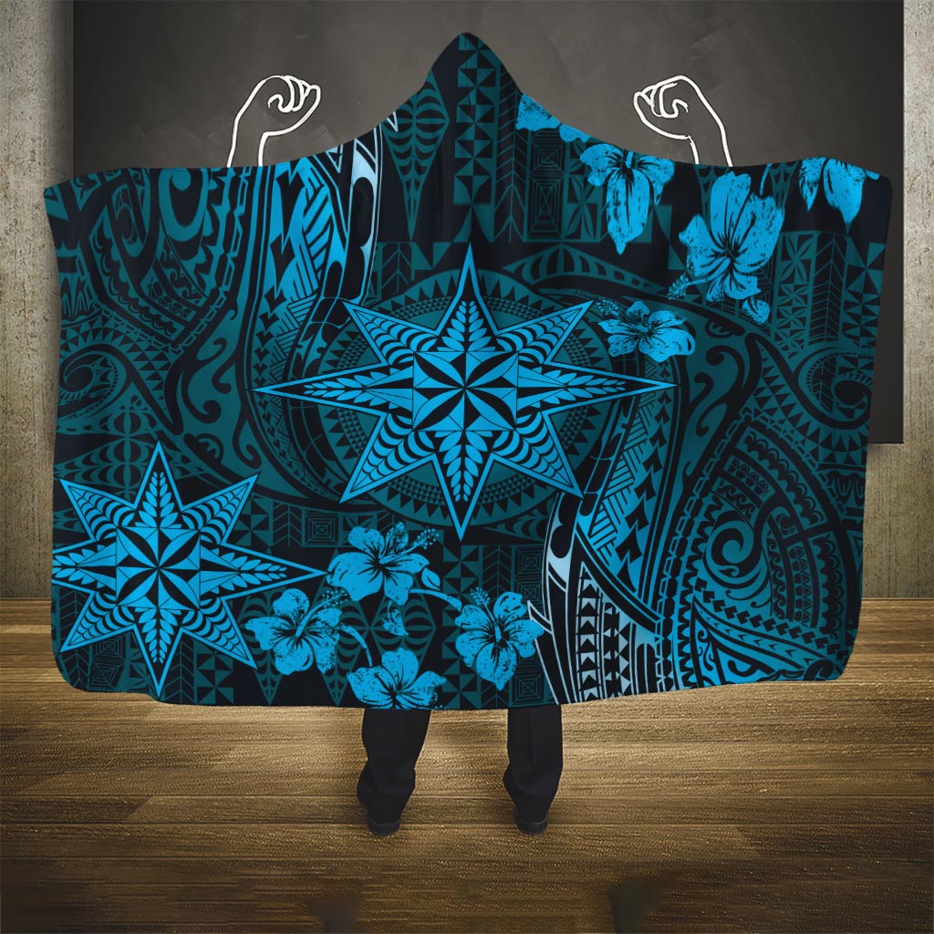 Vintage Tonga Tribal Ngatu Pattern Hooded Blanket With Pacific Floral Aqua Art