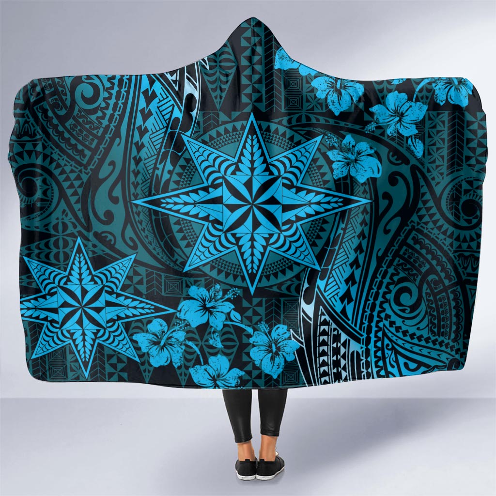 Vintage Tonga Tribal Ngatu Pattern Hooded Blanket With Pacific Floral Aqua Art LT9 - Polynesian Pride