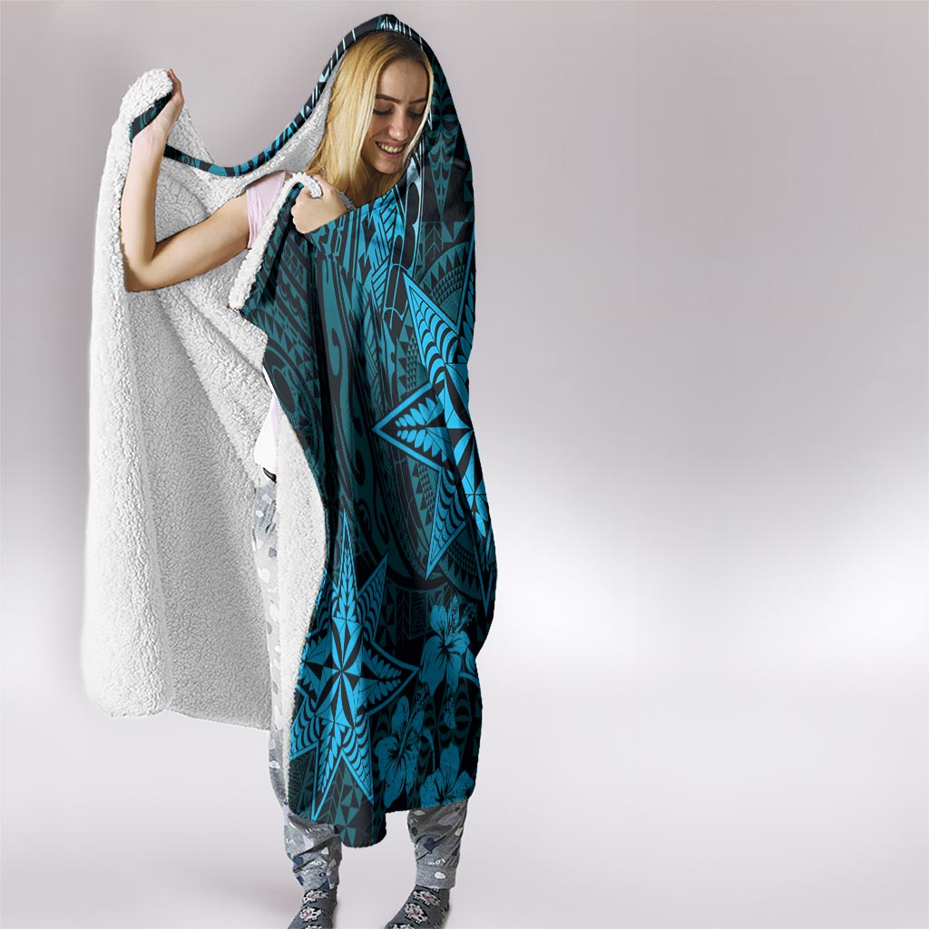 Vintage Tonga Tribal Ngatu Pattern Hooded Blanket With Pacific Floral Aqua Art LT9 - Polynesian Pride