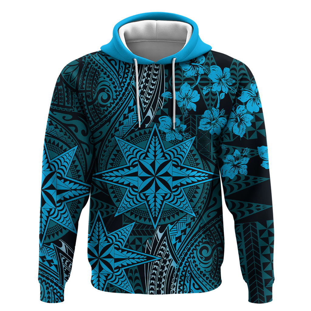 Vintage Tonga Tribal Ngatu Pattern Hoodie With Pacific Floral Aqua Art