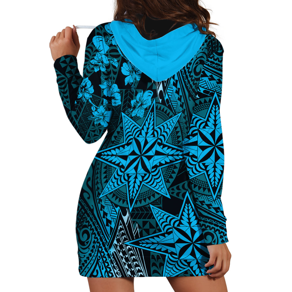Vintage Tonga Tribal Ngatu Pattern Hoodie Dress With Pacific Floral Aqua Art LT9 - Polynesian Pride