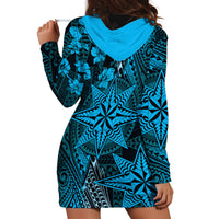 Vintage Tonga Tribal Ngatu Pattern Hoodie Dress With Pacific Floral Aqua Art LT9 - Polynesian Pride
