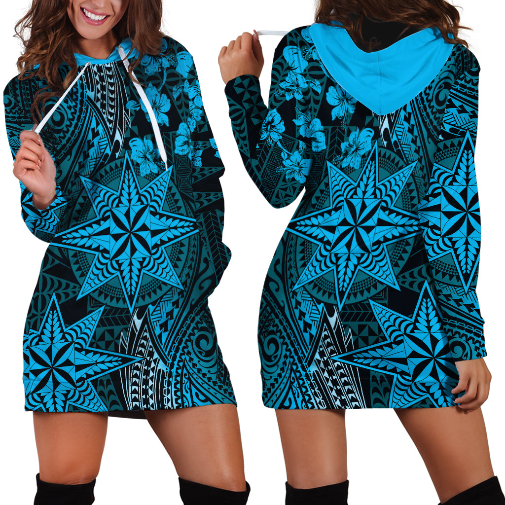 Vintage Tonga Tribal Ngatu Pattern Hoodie Dress With Pacific Floral Aqua Art LT9 - Polynesian Pride