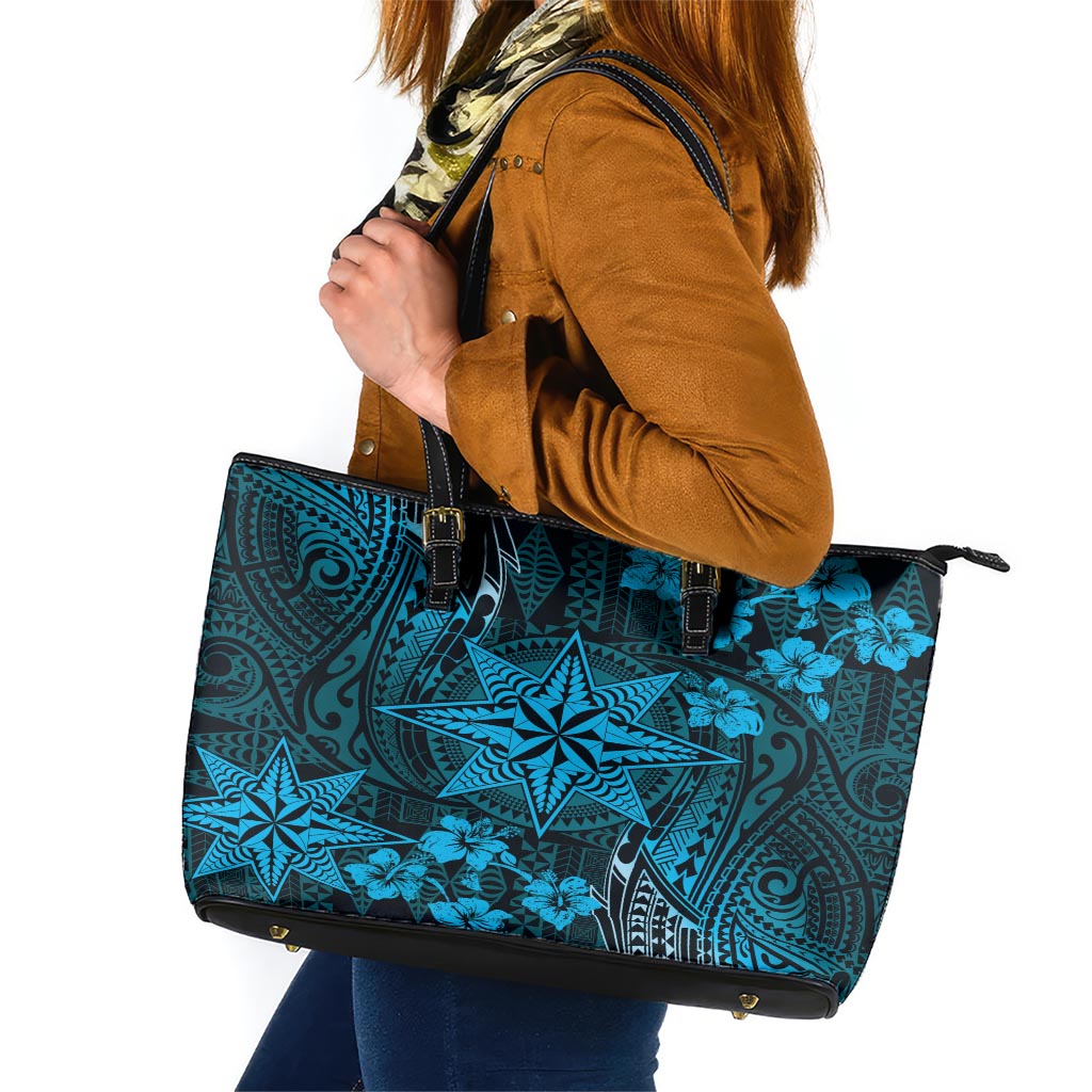 Vintage Tonga Tribal Ngatu Pattern Leather Tote Bag With Pacific Floral Aqua Art LT9 Aqua - Polynesian Pride