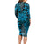 Vintage Tonga Tribal Ngatu Pattern Long Sleeve Bodycon Dress With Pacific Floral Aqua Art