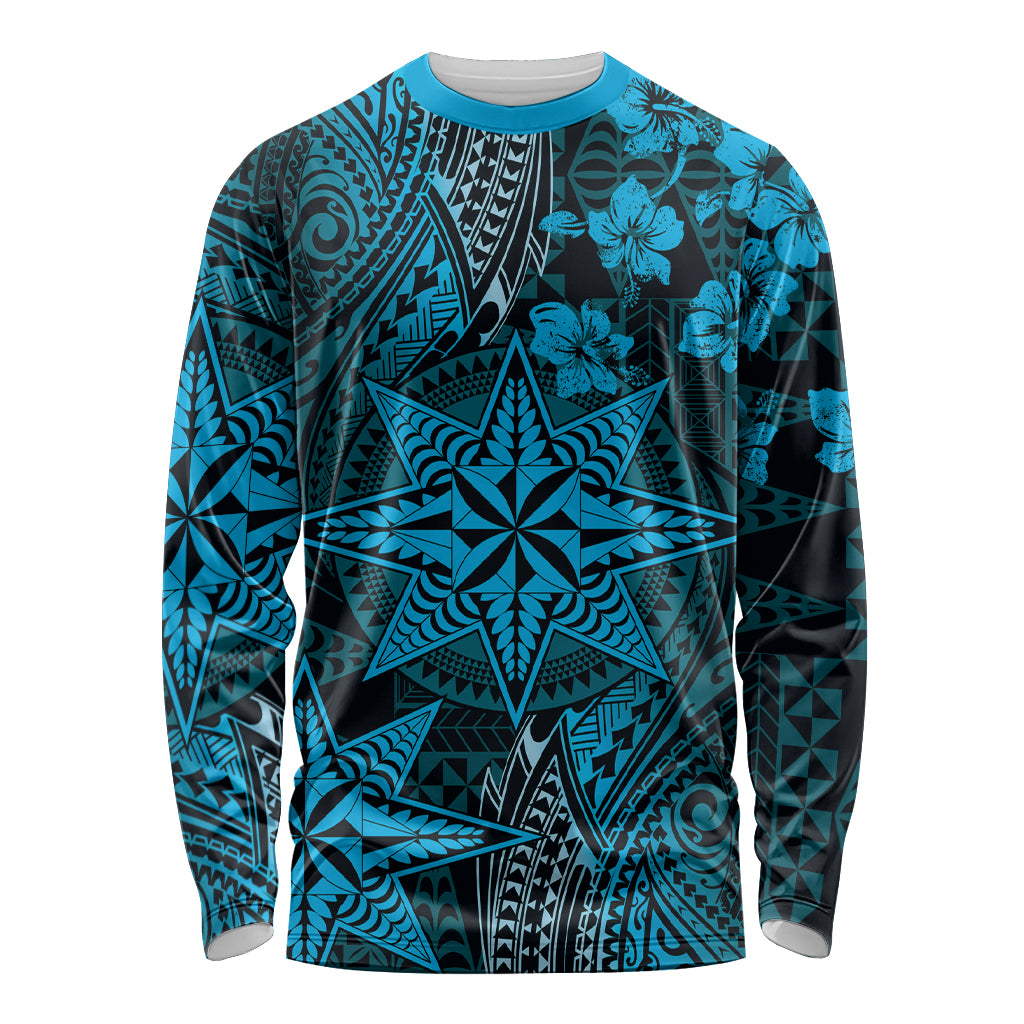 Vintage Tonga Tribal Ngatu Pattern Long Sleeve Shirt With Pacific Floral Aqua Art