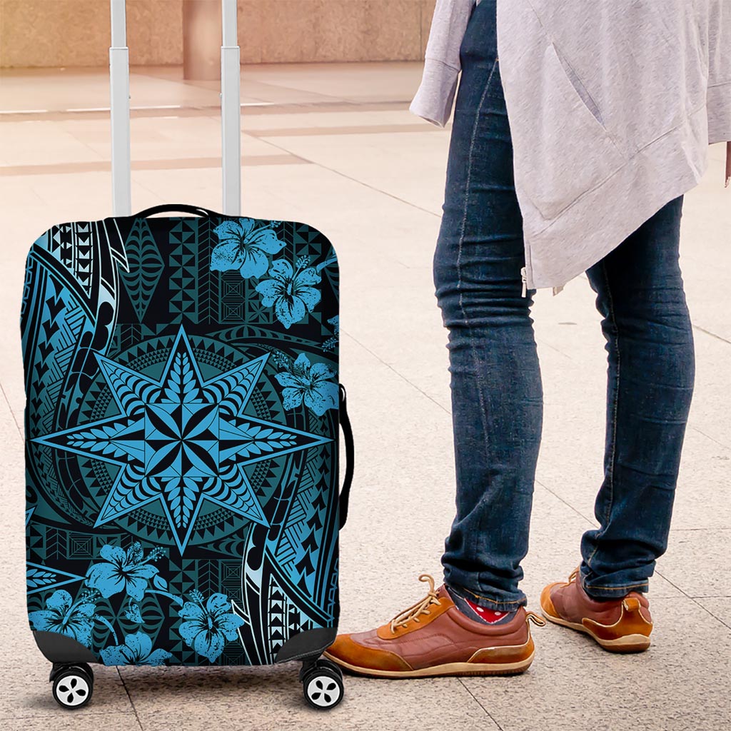 Vintage Tonga Tribal Ngatu Pattern Luggage Cover With Pacific Floral Aqua Art