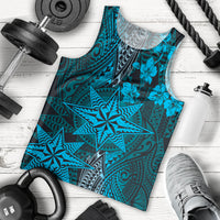 Vintage Tonga Tribal Ngatu Pattern Men Tank Top With Pacific Floral Aqua Art LT9 - Polynesian Pride