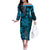 Vintage Tonga Tribal Ngatu Pattern Off The Shoulder Long Sleeve Dress With Pacific Floral Aqua Art