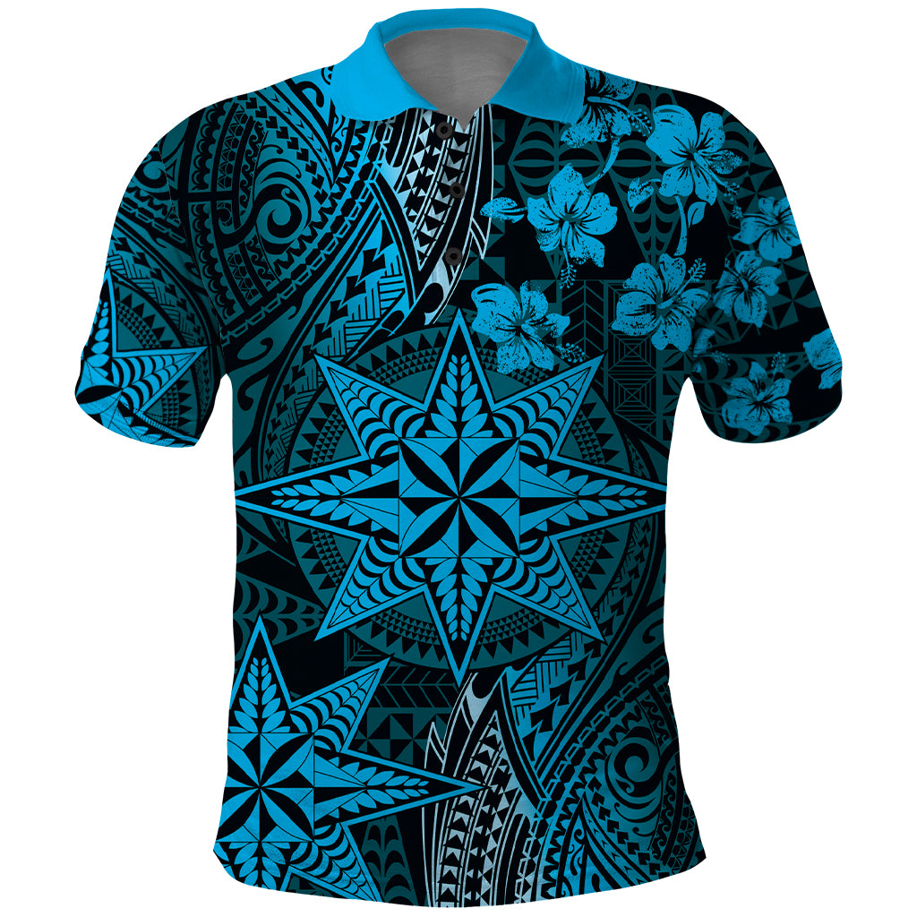 Vintage Tonga Tribal Ngatu Pattern Polo Shirt With Pacific Floral Aqua Art
