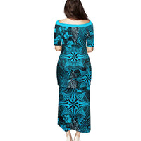 Vintage Tonga Tribal Ngatu Pattern Puletasi With Pacific Floral Aqua Art LT9 - Polynesian Pride