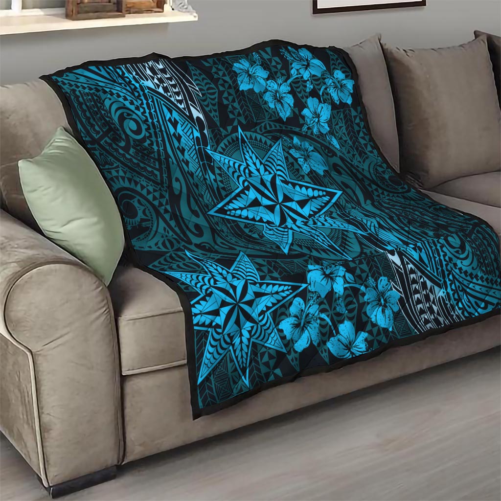 Vintage Tonga Tribal Ngatu Pattern Quilt With Pacific Floral Aqua Art