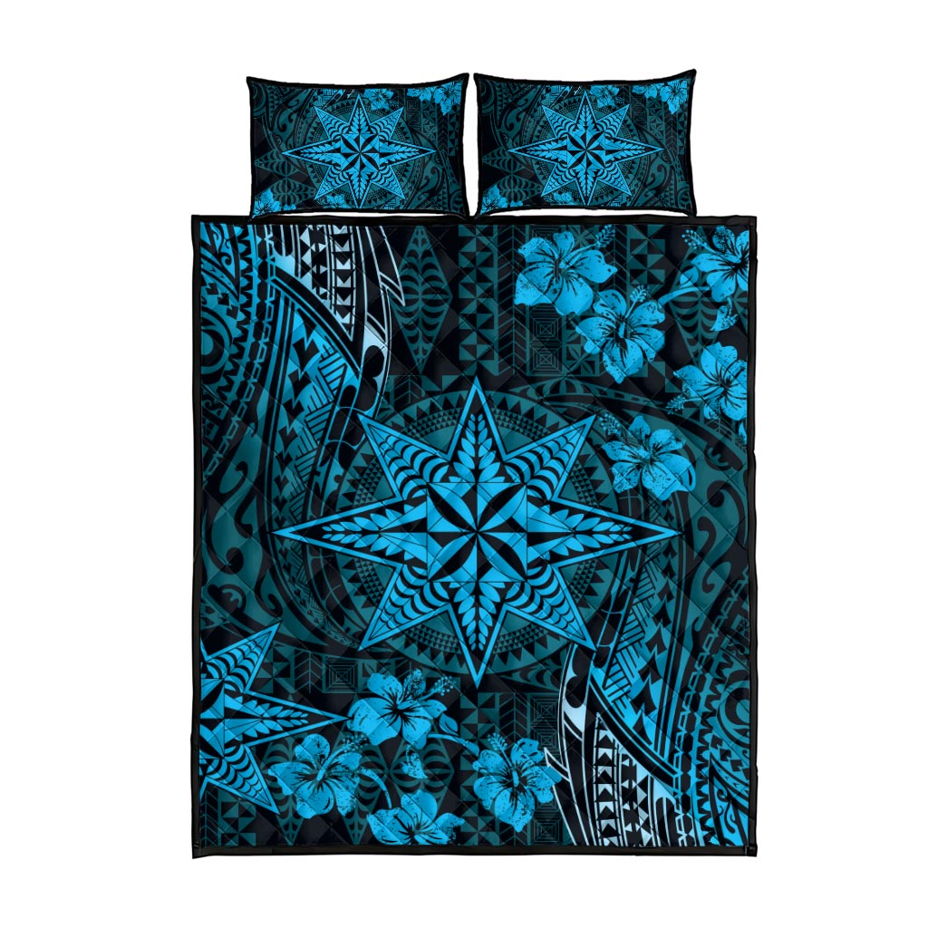 Vintage Tonga Tribal Ngatu Pattern Quilt Bed Set With Pacific Floral Aqua Art