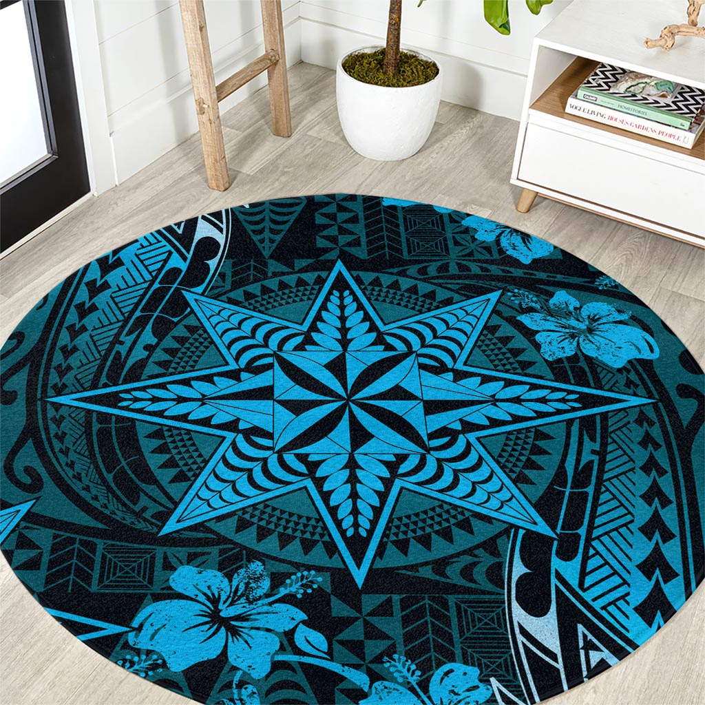 Vintage Tonga Tribal Ngatu Pattern Round Carpet With Pacific Floral Aqua Art