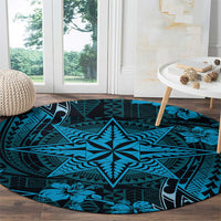 Vintage Tonga Tribal Ngatu Pattern Round Carpet With Pacific Floral Aqua Art