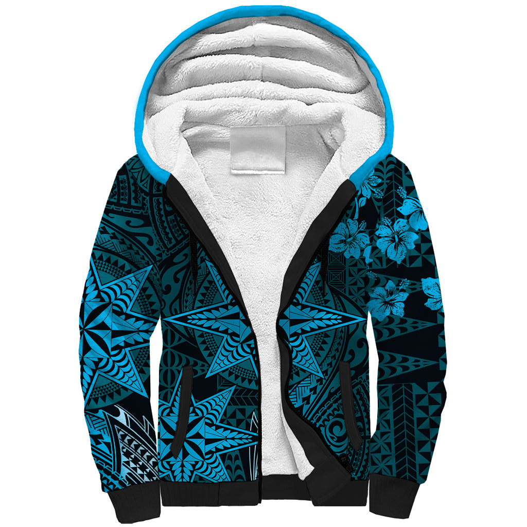 Vintage Tonga Tribal Ngatu Pattern Sherpa Hoodie With Pacific Floral Aqua Art LT9 Unisex Aqua - Polynesian Pride