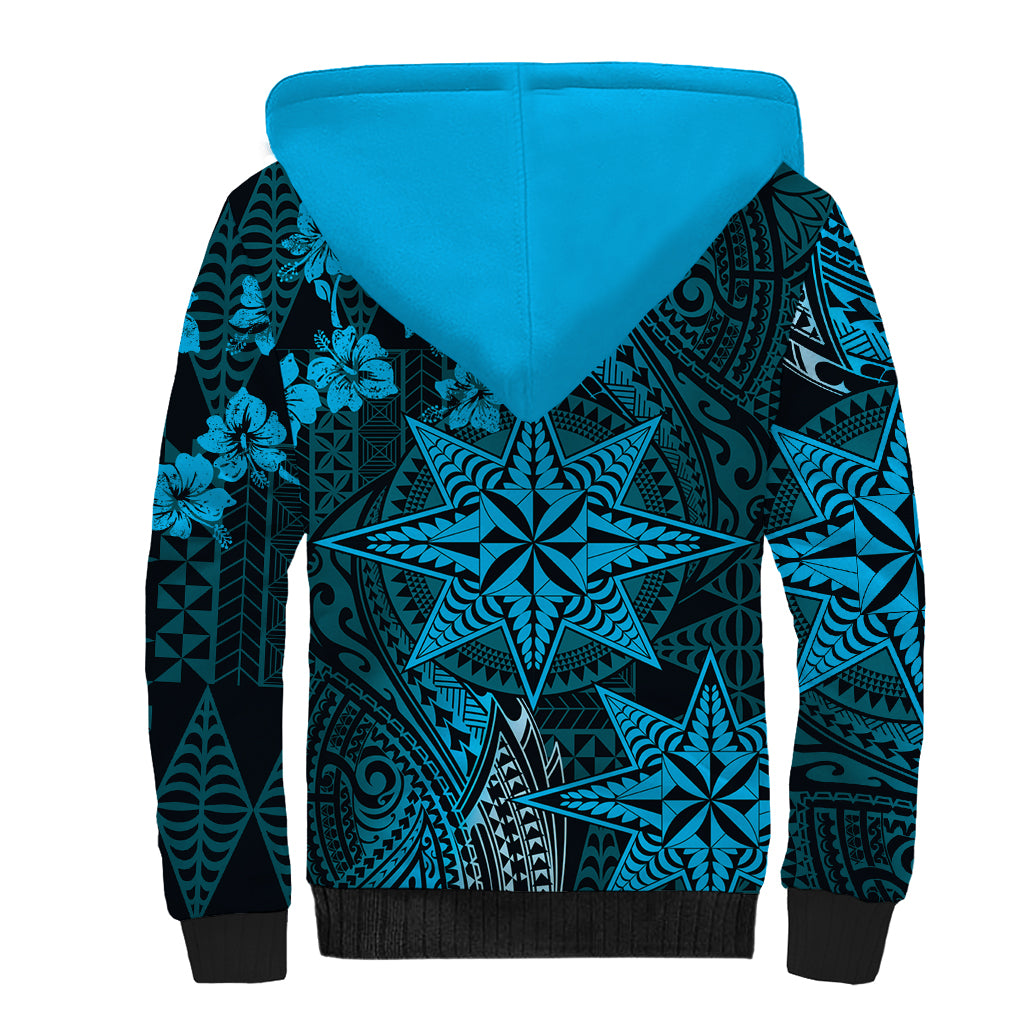 Vintage Tonga Tribal Ngatu Pattern Sherpa Hoodie With Pacific Floral Aqua Art LT9 - Polynesian Pride
