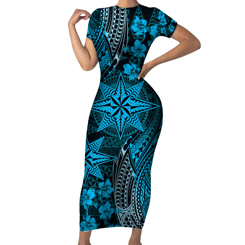 Vintage Tonga Tribal Ngatu Pattern Short Sleeve Bodycon Dress With Pacific Floral Aqua Art