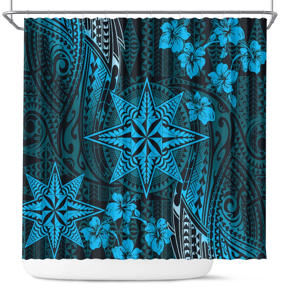 Vintage Tonga Tribal Ngatu Pattern Shower Curtain With Pacific Floral Aqua Art