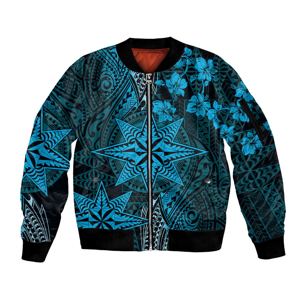 Vintage Tonga Tribal Ngatu Pattern Sleeve Zip Bomber Jacket With Pacific Floral Aqua Art